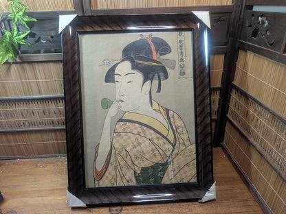 Large Vintage Japanese Some-Mono Bijin-ga Art Print Sakura Frame 1975