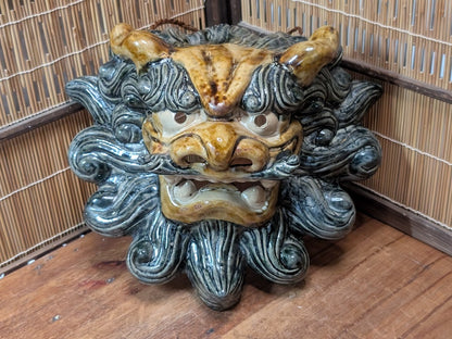 Japanese Vintage Shisa Wall Hanging Shigaraki Ware Pottery Lucky Charm Mask