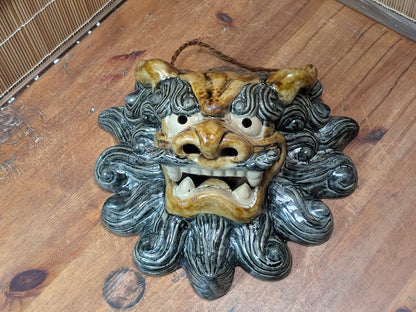 Japanese Vintage Shisa Wall Hanging Shigaraki Ware Pottery Lucky Charm Mask