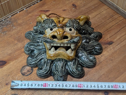 Japanese Vintage Shisa Wall Hanging Shigaraki Ware Pottery Lucky Charm Mask