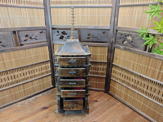 Large Japanese Vintage 5 Story Wooden Pagoda Goju-no-to Yaki Sugi Antique Japan