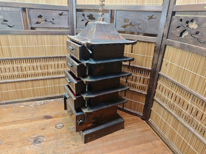 Large Japanese Vintage 5 Story Wooden Pagoda Goju-no-to Yaki Sugi Antique Japan