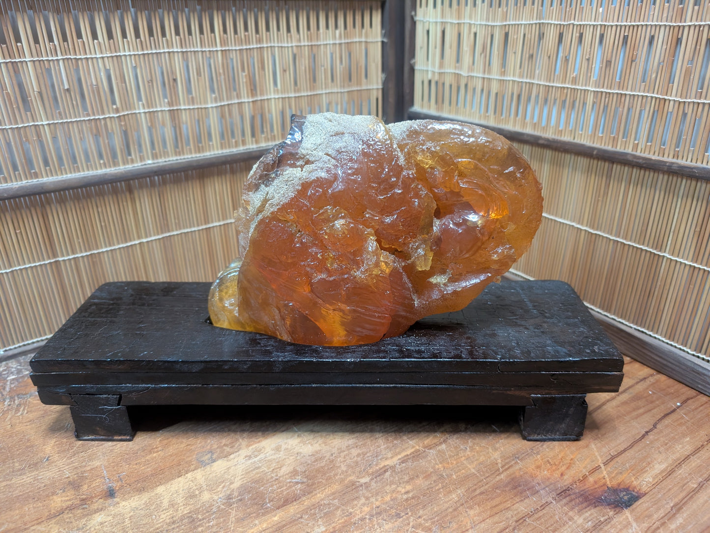 Rare 660g Natural Amber on Antique Wood Stand | Japan Auction