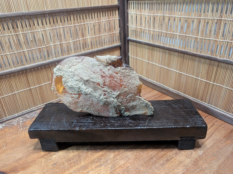 Rare 660g Natural Amber on Antique Wood Stand | Japan Auction