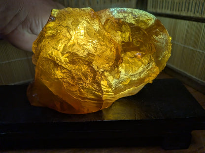 Rare 660g Natural Amber on Antique Wood Stand | Japan Auction