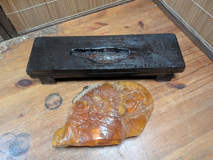 Rare 660g Natural Amber on Antique Wood Stand | Japan Auction