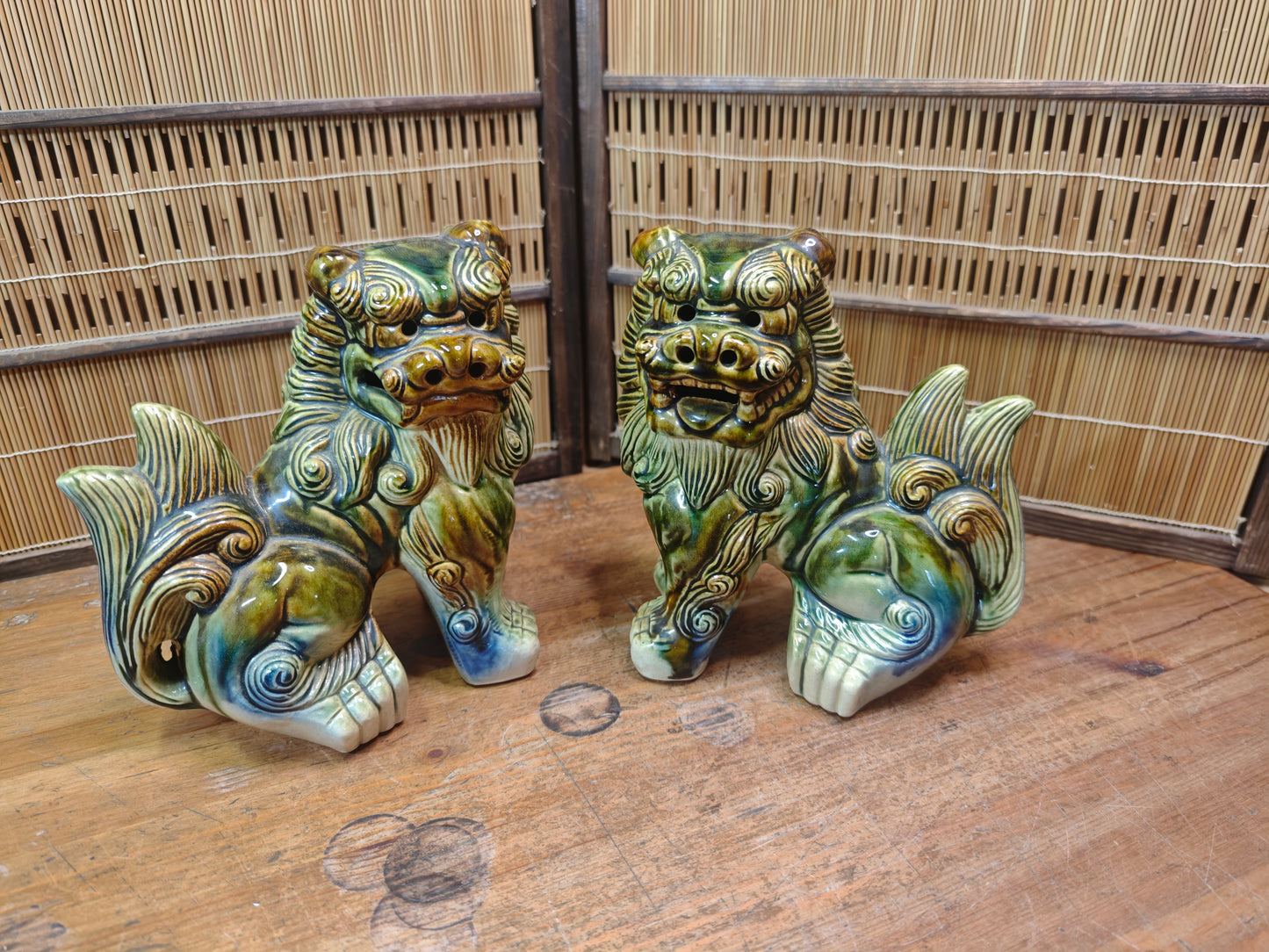 Large Okinawan Shisa Lion Pair Vintage Ceramic Guardians Japan Auction