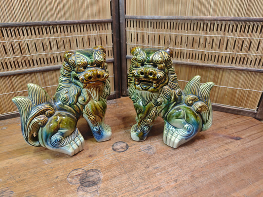 Large Okinawan Shisa Lion Pair Vintage Ceramic Guardians Japan Auction
