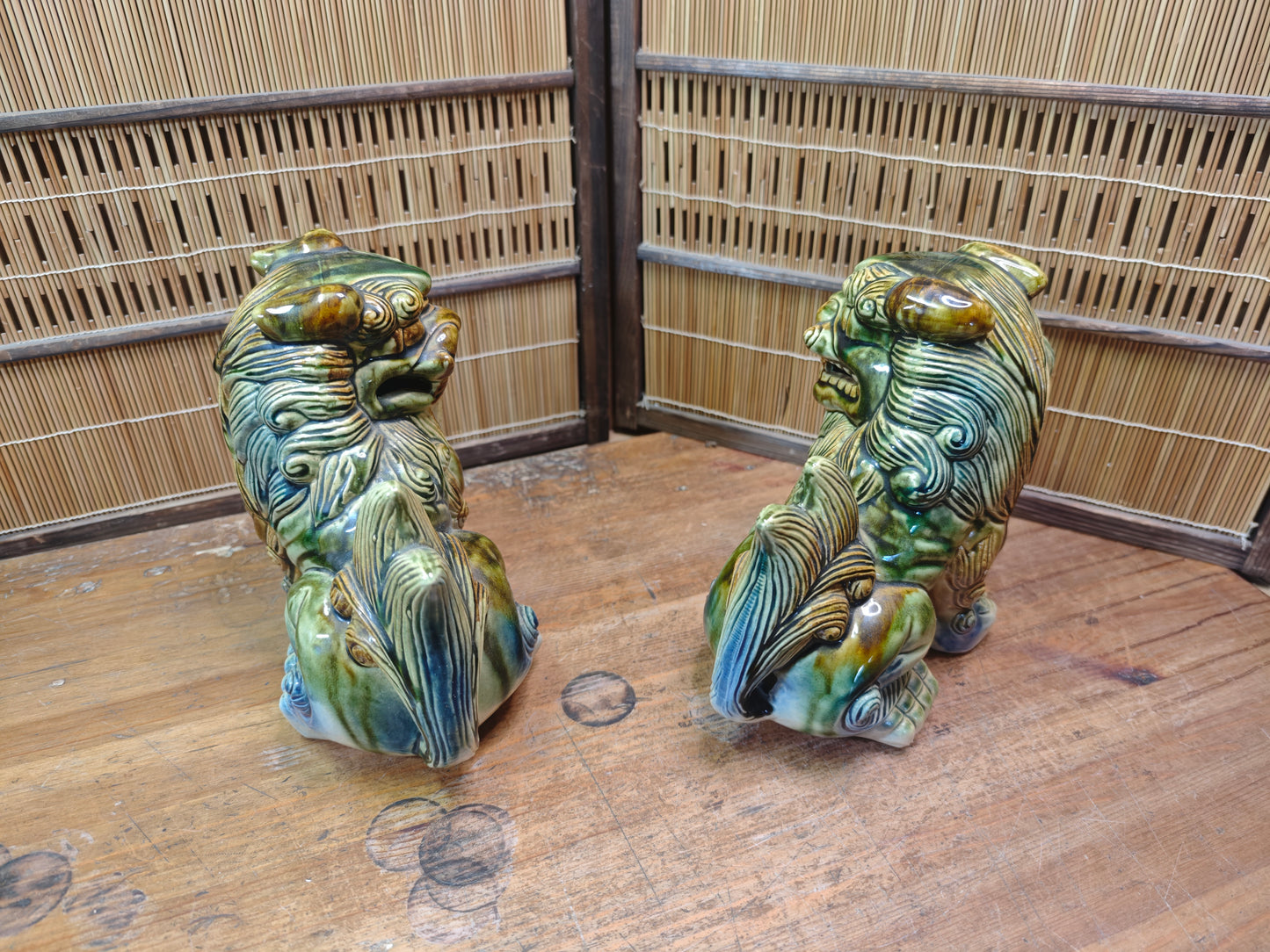Large Okinawan Shisa Lion Pair Vintage Ceramic Guardians Japan Auction