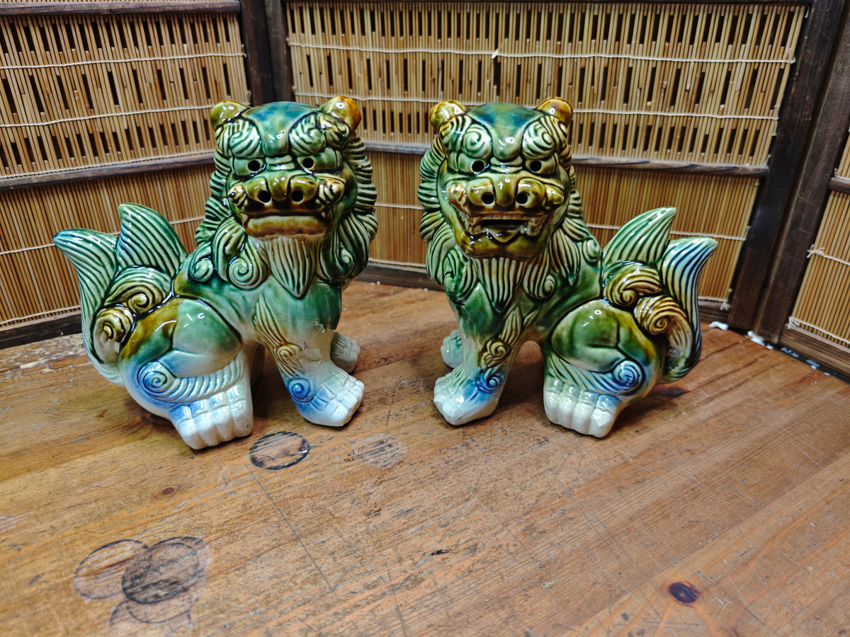 Large Okinawan Shisa Lion Pair Vintage Ceramic Guardians Japan Auction