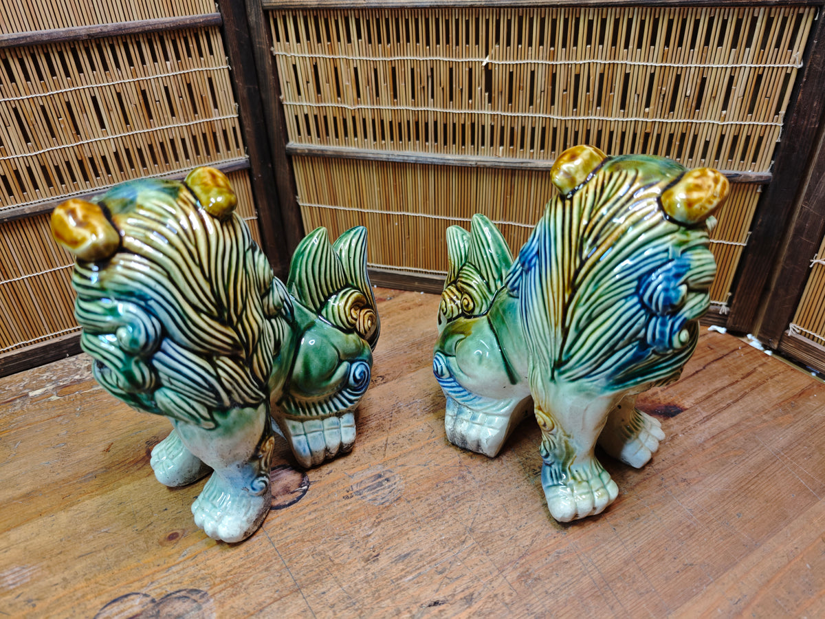 Large Okinawan Shisa Lion Pair Vintage Ceramic Guardians Japan Auction