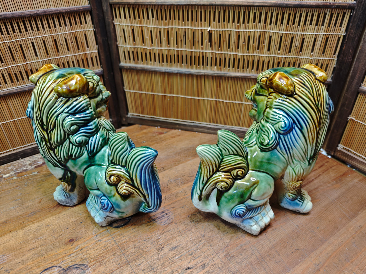 Large Okinawan Shisa Lion Pair Vintage Ceramic Guardians Japan Auction