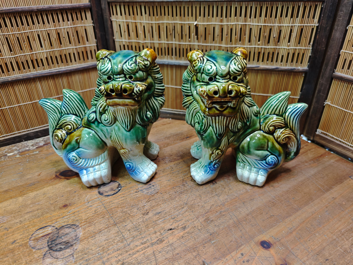 Large Okinawan Shisa Lion Pair Vintage Ceramic Guardians Japan Auction