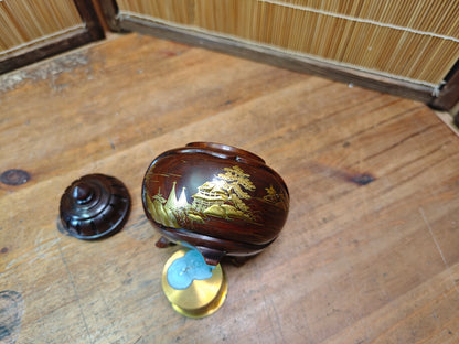Meiji Era Japanese Wooden Koro Incense Burner Gold Maki-e Mother Pearl Inlay