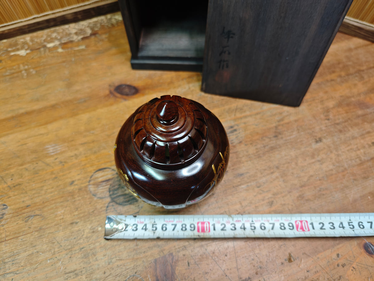 Rare Japanese Antique Wooden Koro Incense Burner Maki-e Shell Inlay
