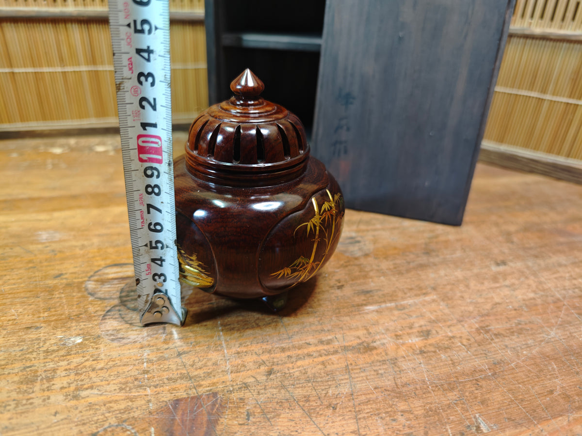 Rare Japanese Antique Wooden Koro Incense Burner Maki-e Shell Inlay