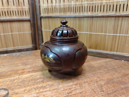 Meiji Era Japanese Wooden Koro Incense Burner Gold Maki-e Mother Pearl Inlay