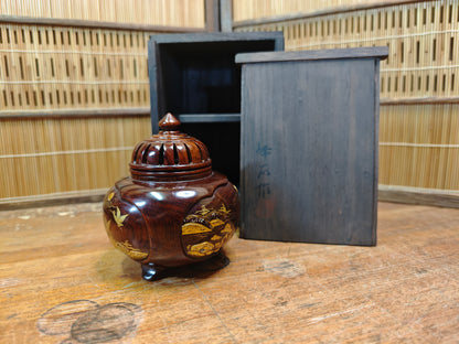 Rare Japanese Antique Wooden Koro Incense Burner Maki-e Shell Inlay