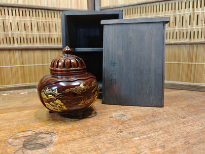 Rare Japanese Antique Wooden Koro Incense Burner Maki-e Shell Inlay