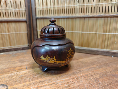 Meiji Era Japanese Wooden Koro Incense Burner Gold Maki-e Mother Pearl Inlay