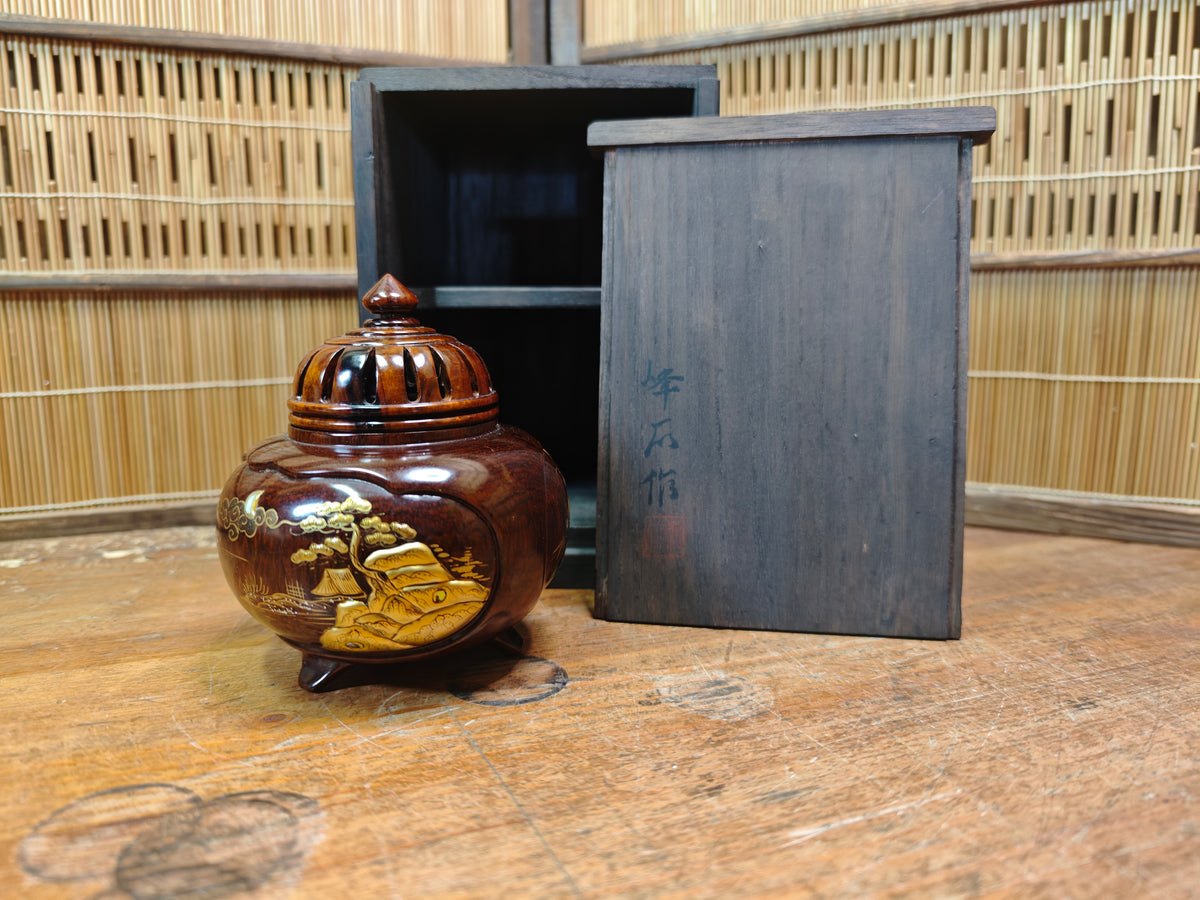 Rare Japanese Antique Wooden Koro Incense Burner Maki-e Shell Inlay