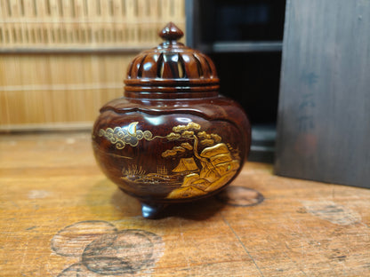 Rare Japanese Antique Wooden Koro Incense Burner Maki-e Shell Inlay