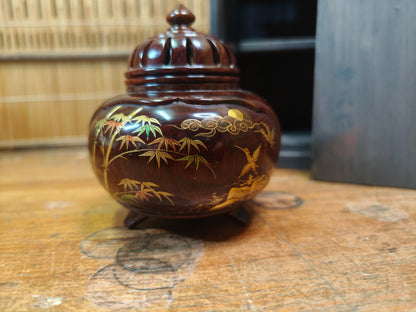 Rare Japanese Antique Wooden Koro Incense Burner Maki-e Shell Inlay