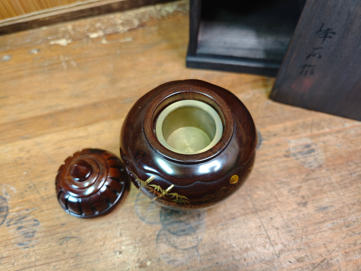 Rare Japanese Antique Wooden Koro Incense Burner Maki-e Shell Inlay