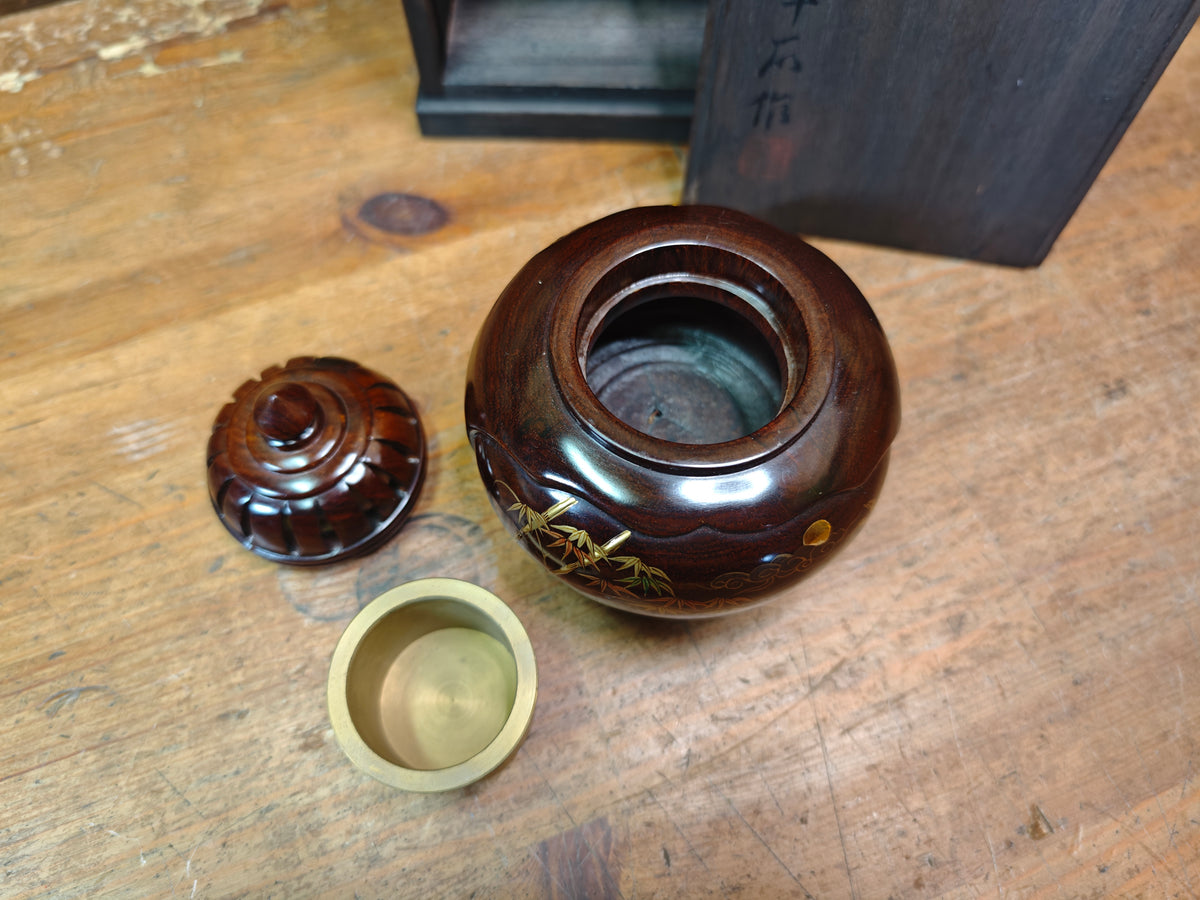 Rare Japanese Antique Wooden Koro Incense Burner Maki-e Shell Inlay