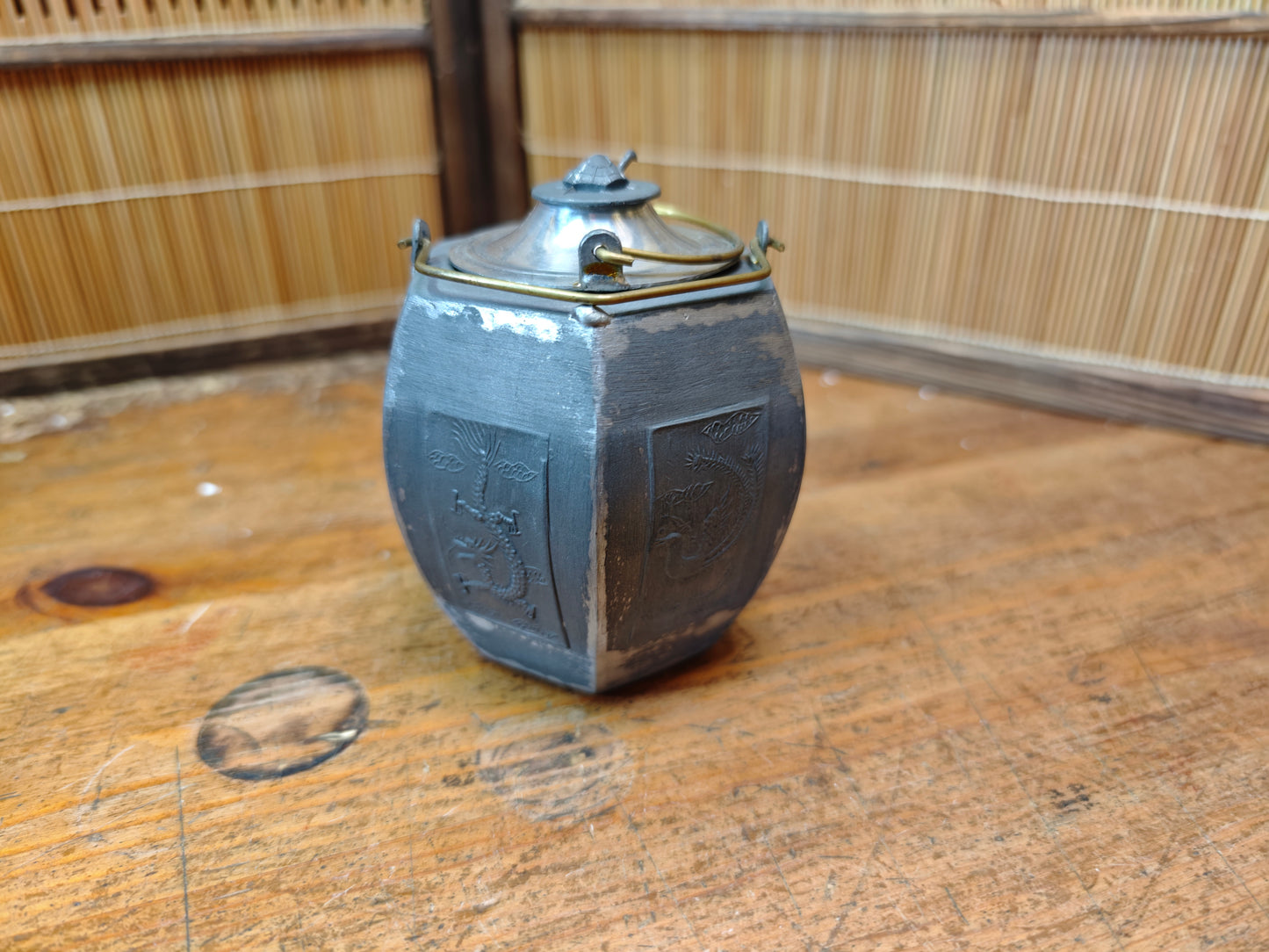 Meiji Japanese Tin Pewter Sake Bottle Turtle Lid Signed 1890s Antique