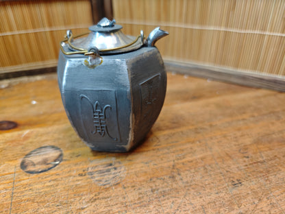 Meiji Japanese Tin Pewter Sake Bottle Turtle Lid Signed 1890s Antique