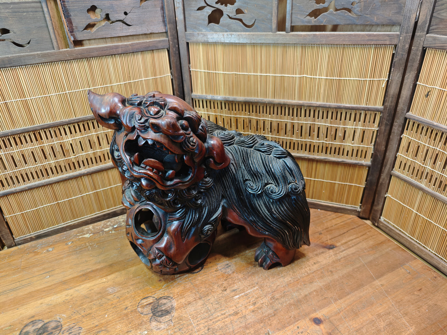 Okinawa Shisa Lion Wooden Sculpture Antique Hand Carved Guardian Statue Japan