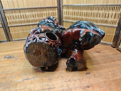 Okinawa Shisa Lion Wooden Sculpture Antique Hand Carved Guardian Statue Japan