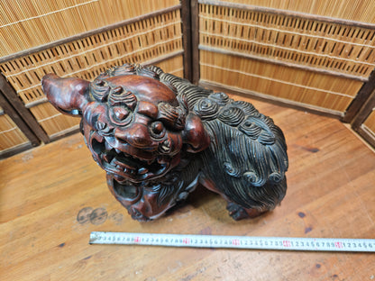 Okinawa Shisa Lion Wooden Sculpture Antique Hand Carved Guardian Statue Japan