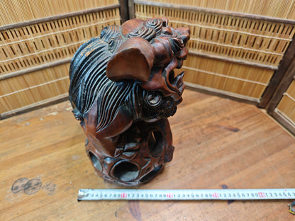 Okinawa Shisa Lion Wooden Sculpture Antique Hand Carved Guardian Statue Japan