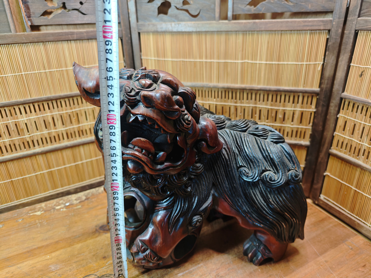 Okinawa Shisa Lion Wooden Sculpture Antique Hand Carved Guardian Statue Japan