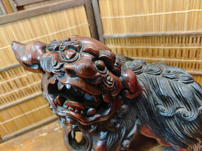 Okinawa Shisa Lion Wooden Sculpture Antique Hand Carved Guardian Statue Japan