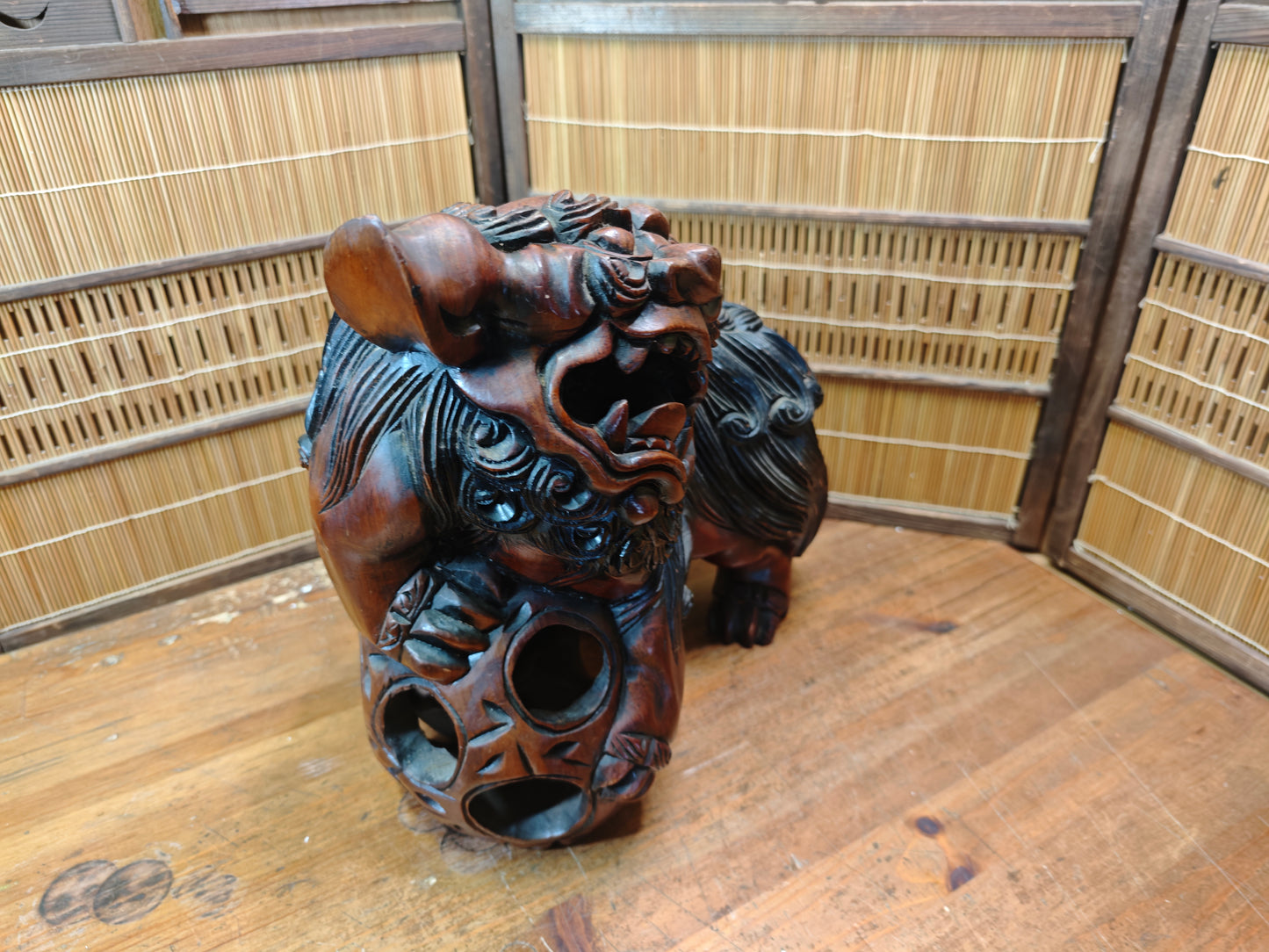 Okinawa Shisa Lion Wooden Sculpture Antique Hand Carved Guardian Statue Japan