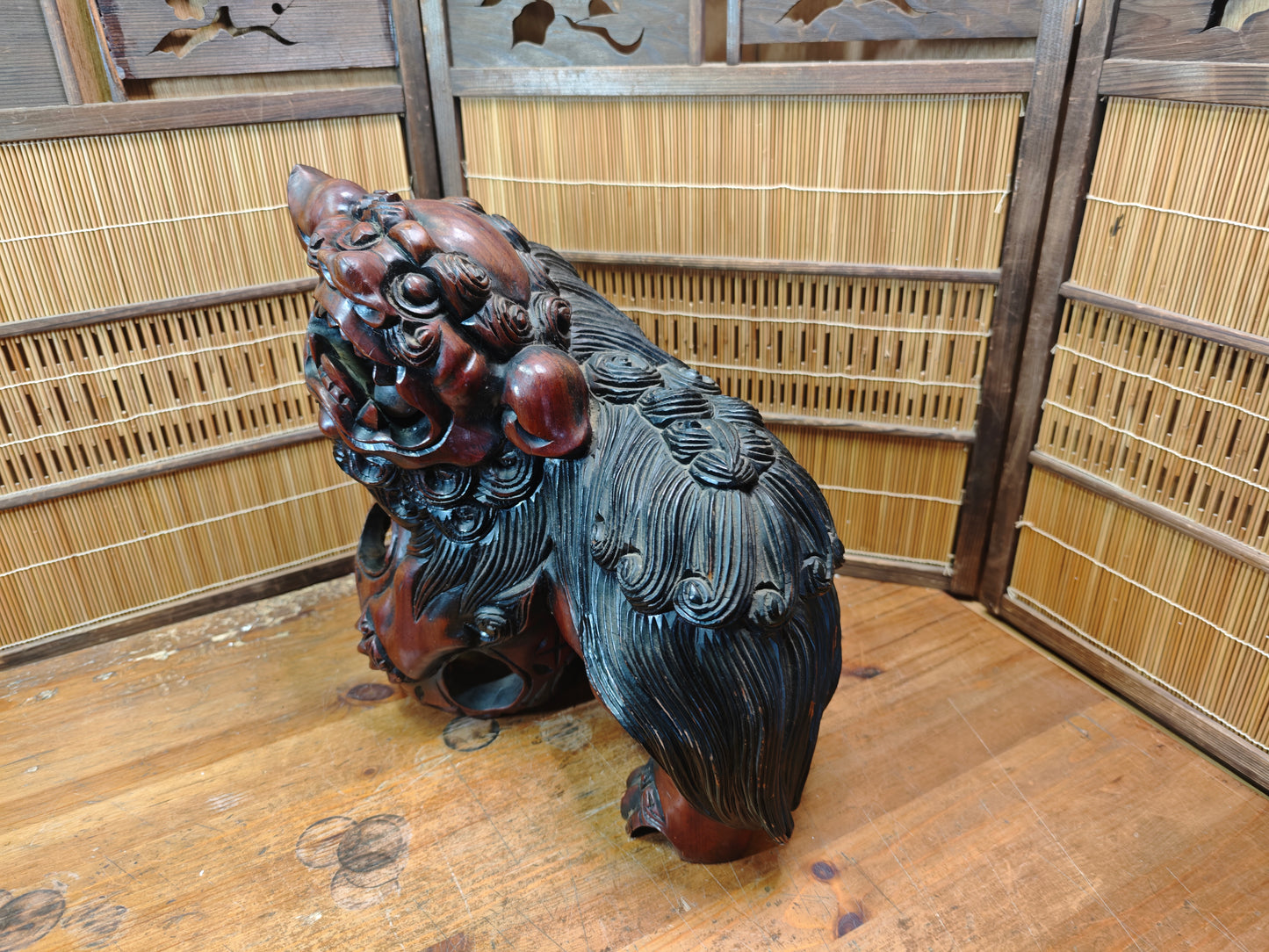 Okinawa Shisa Lion Wooden Sculpture Antique Hand Carved Guardian Statue Japan