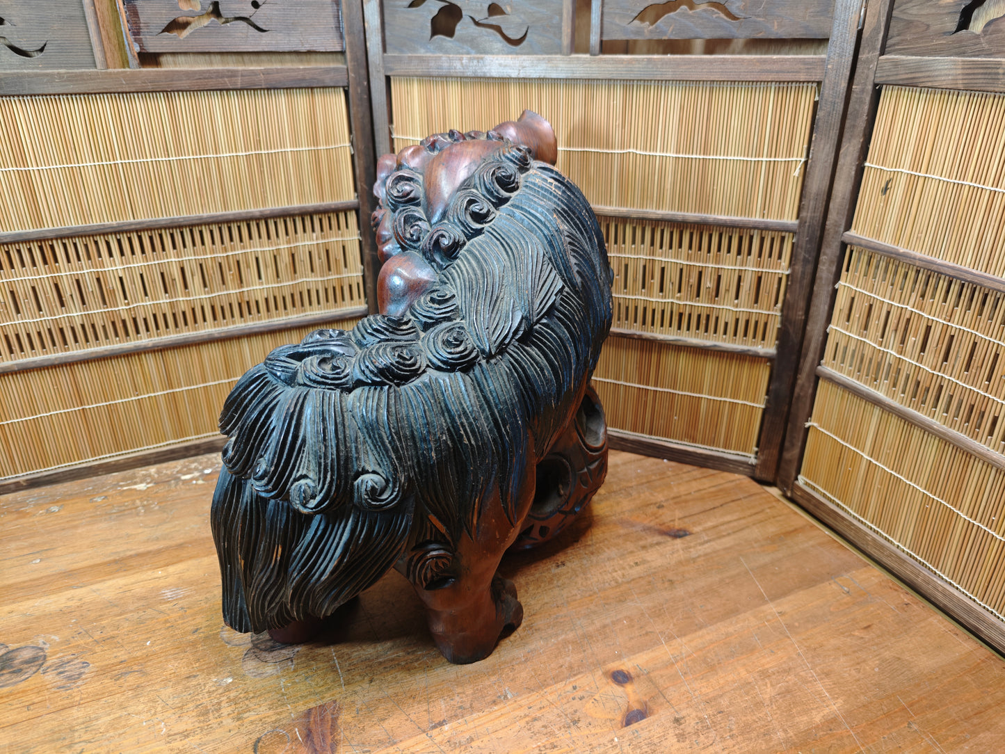 Okinawa Shisa Lion Wooden Sculpture Antique Hand Carved Guardian Statue Japan