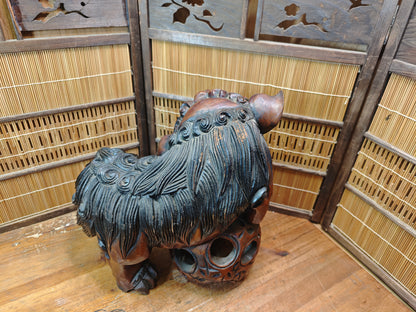 Okinawa Shisa Lion Wooden Sculpture Antique Hand Carved Guardian Statue Japan