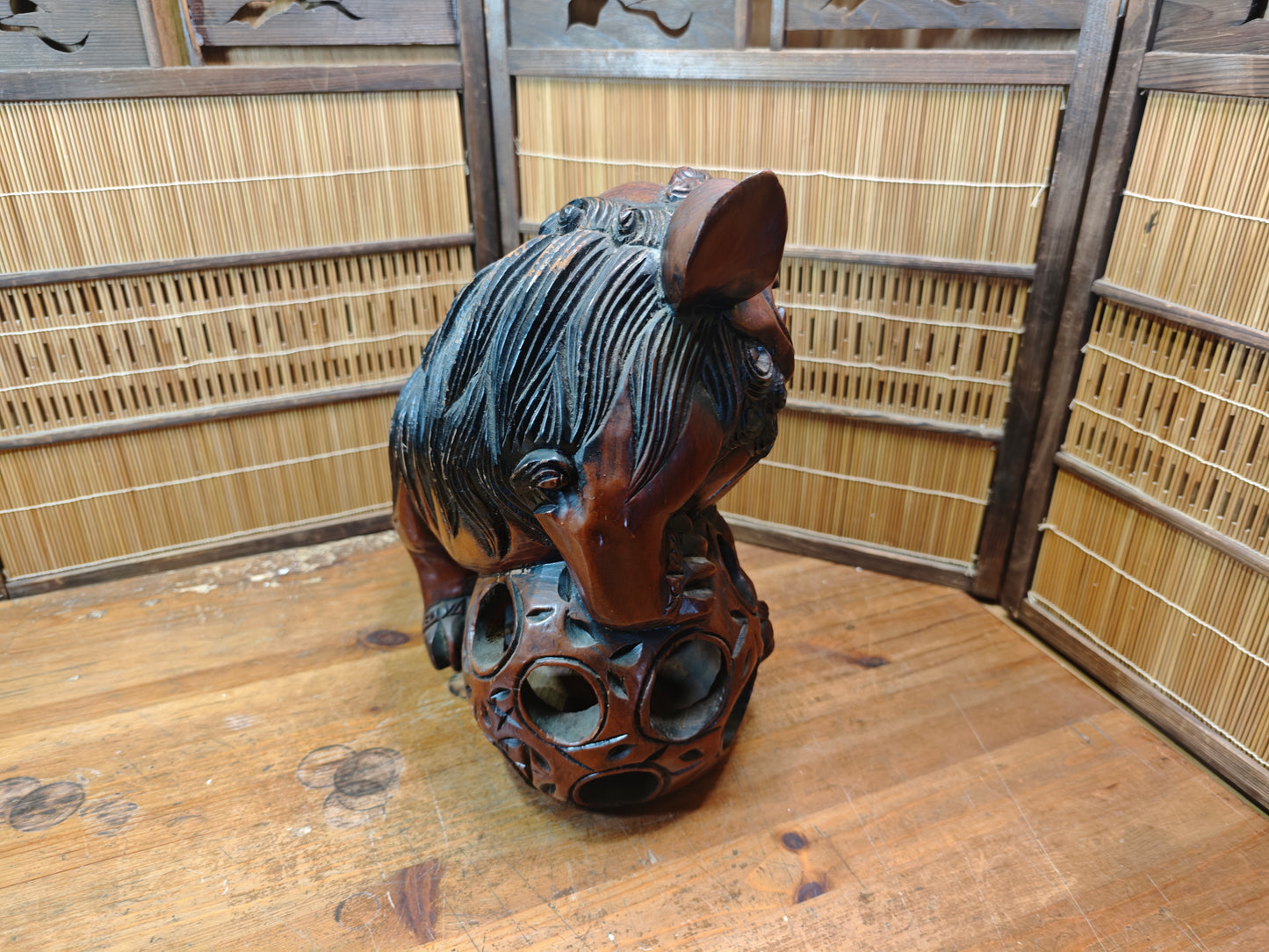 Okinawa Shisa Lion Wooden Sculpture Antique Hand Carved Guardian Statue Japan