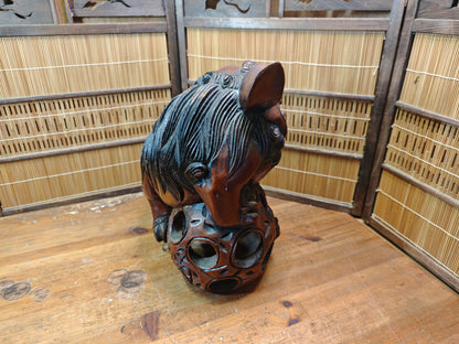 Okinawa Shisa Lion Wooden Sculpture Antique Hand Carved Guardian Statue Japan