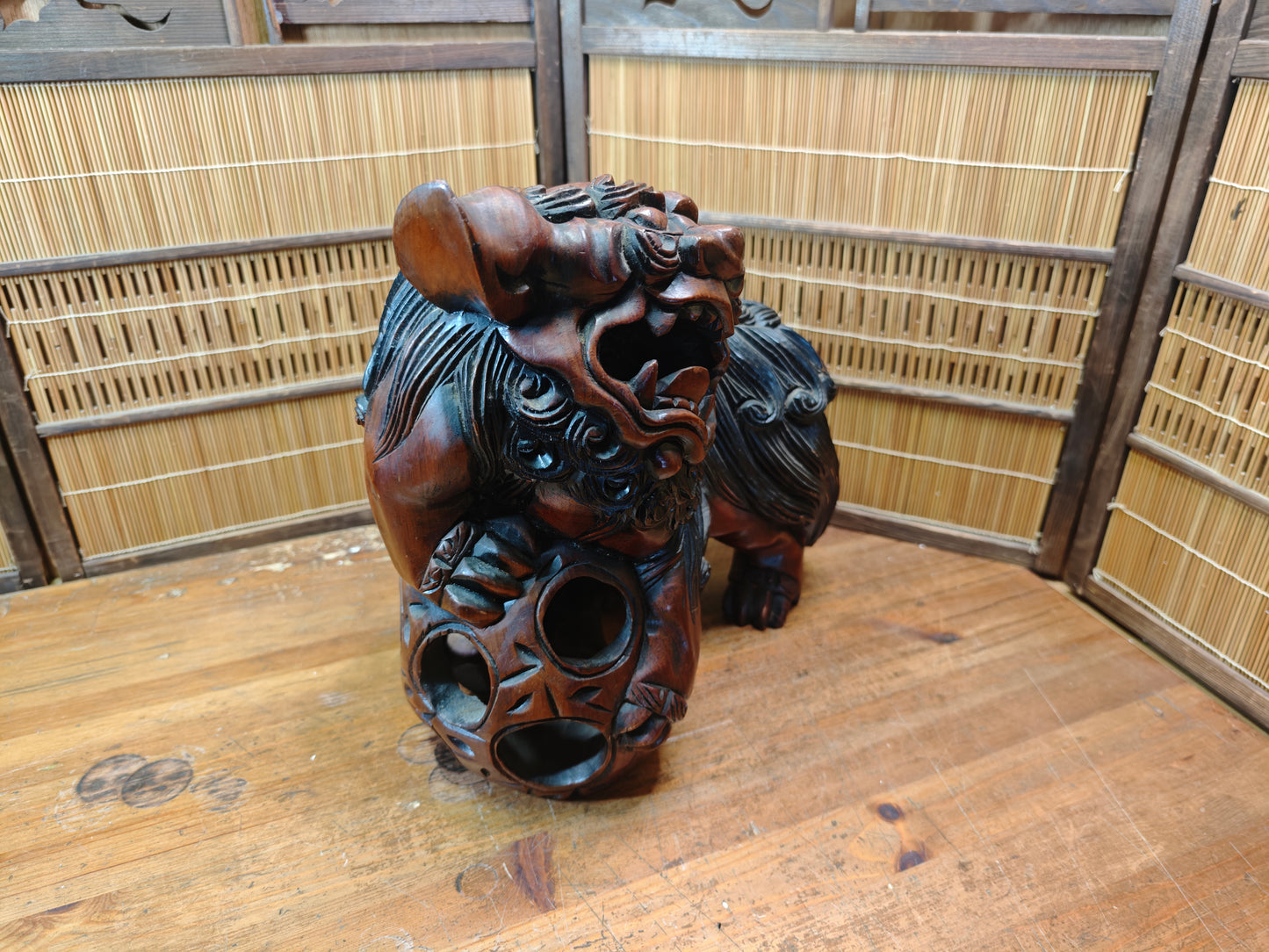 Okinawa Shisa Lion Wooden Sculpture Antique Hand Carved Guardian Statue Japan