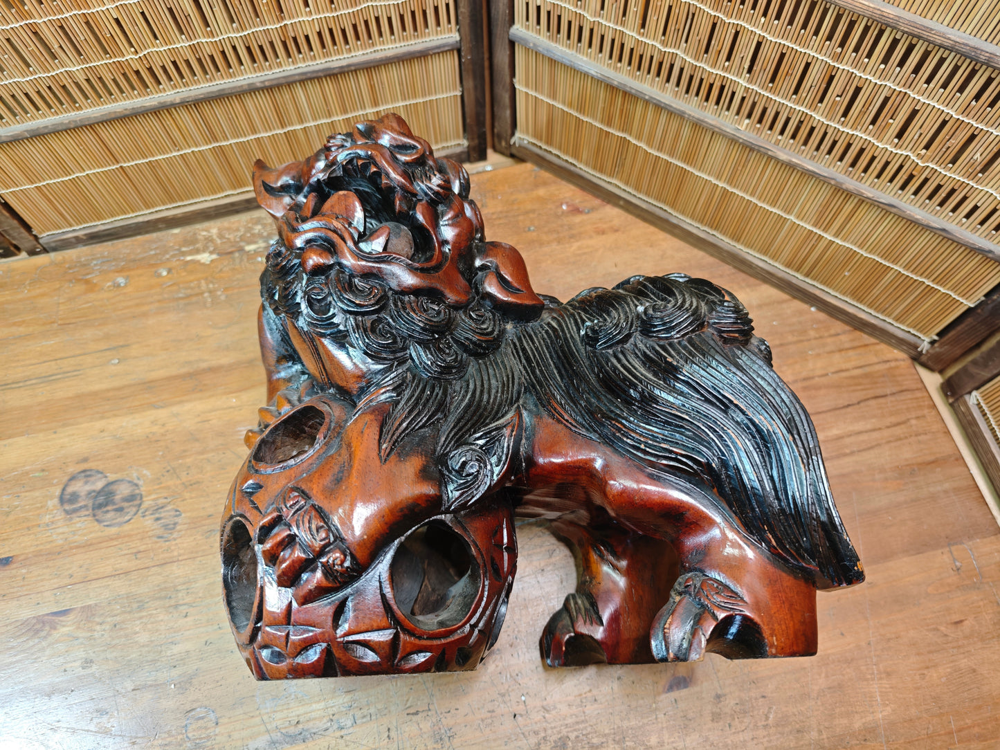 Okinawa Shisa Lion Wooden Sculpture Antique Hand Carved Guardian Statue Japan