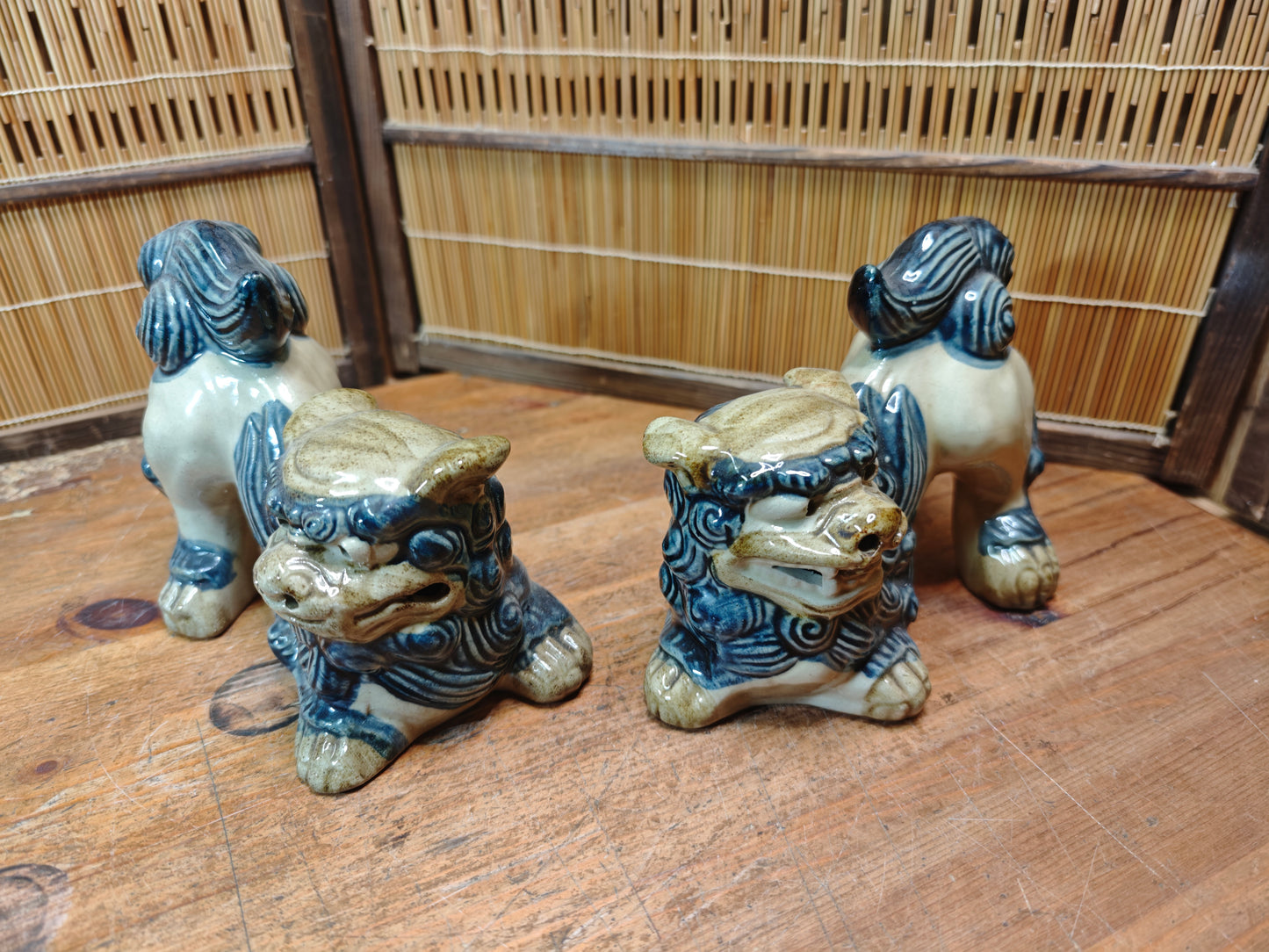 Vintage Okinawan Shisa Pair Large Japan pottery Guardian Lion Statues
