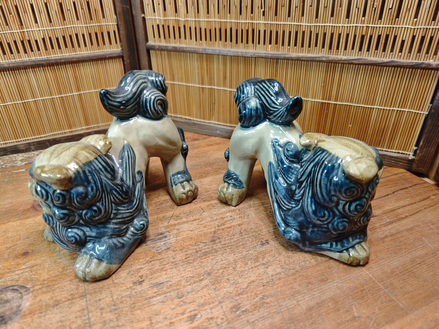 Vintage Okinawan Shisa Pair Large Japan pottery Guardian Lion Statues