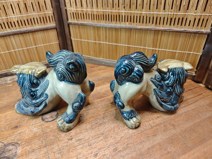 Vintage Okinawan Shisa Pair Large Japan pottery Guardian Lion Statues