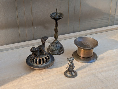 1910s Japanese Butsugu Brass Incense Set Shishi Antique 4 Piece
