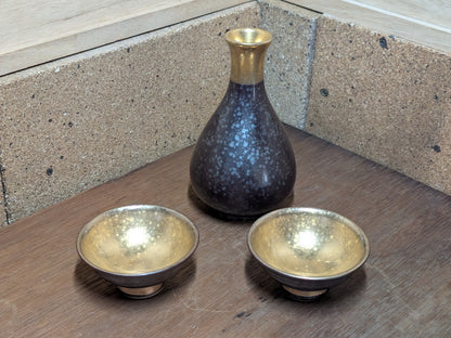 Vintage Japanese Sake Set Handmade Ceramic Gold Leaf Signed Artist Rare Full Set Japan